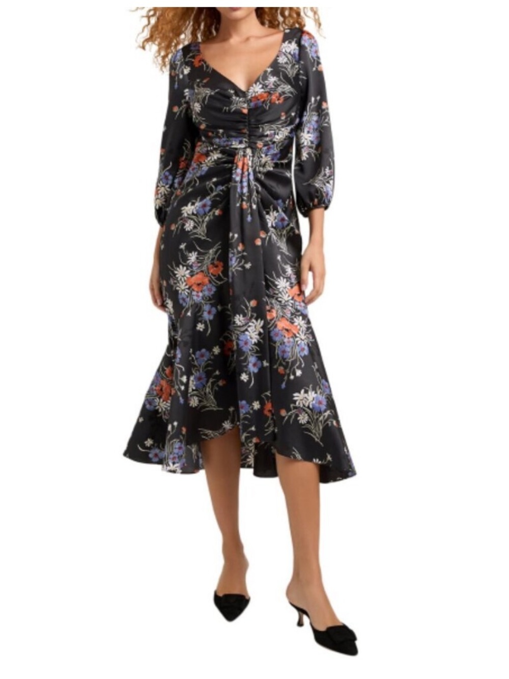 CINQ À SEPT 'Walker' Floral-Print 3/4-Sleeve Midi-Dress, Obsidian Multi